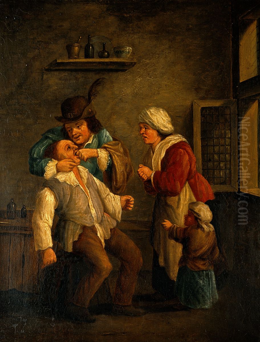 A tooth-drawer operating on a man, with a woman and child looking on. Oil Painting by Andries Both