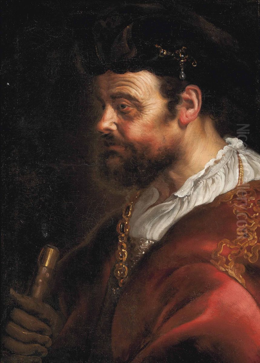 A tronie of a man in ceremonial robes with a gold chain and a hat oil on canvas. Oil Painting by unknown