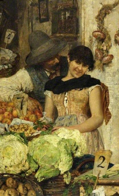 A Venetian Vegetable Stall, Courtship Oil Painting by Giacomo Favretto