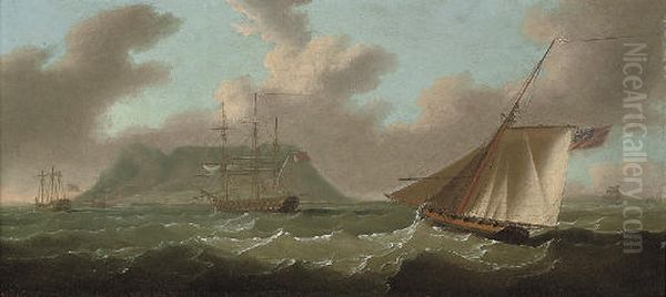 A view of Gibraltar from the south with H.M.S. Ajax anchored in the bay and the armed cutter Frisk approaching her stern Oil Painting by Francis Sartorius II