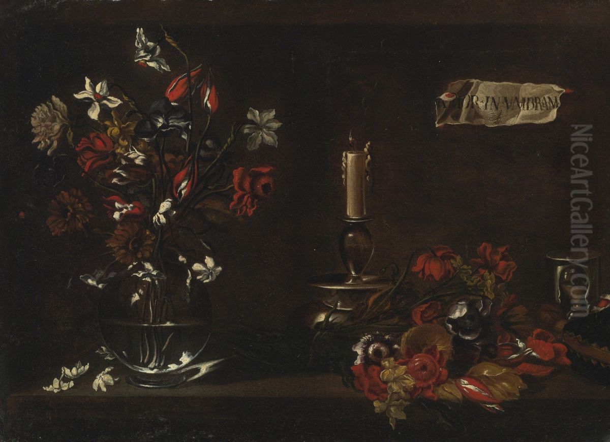 A vanitas still life with a glass vase of flowers, a candle, a wine flask and a sand timer on a ledge Oil Painting by Francesco Solimena