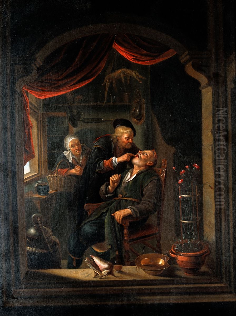 A surgeon examining a patient's mouth. Oil Painting by Gerrit Dou