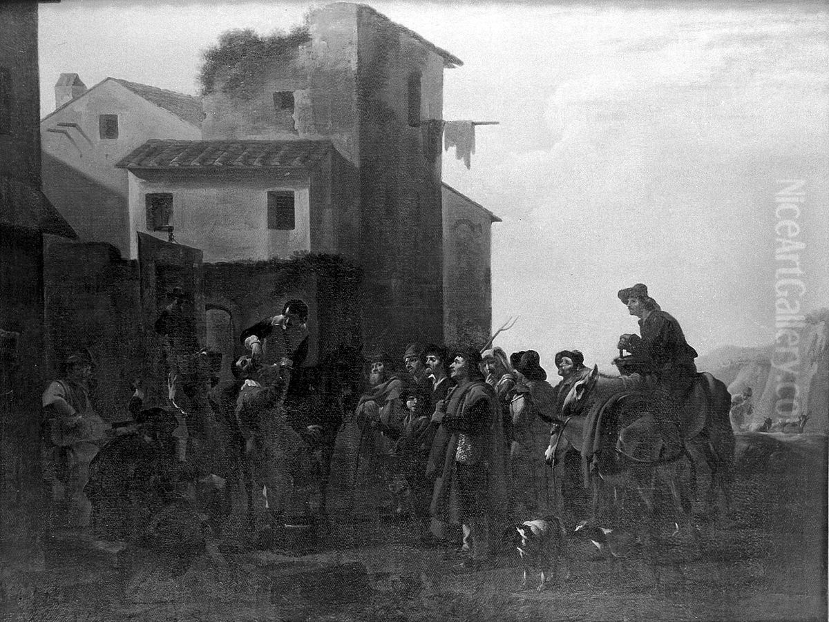 A toothdrawer on horseback in an Italian square. Oil Painting by unknown