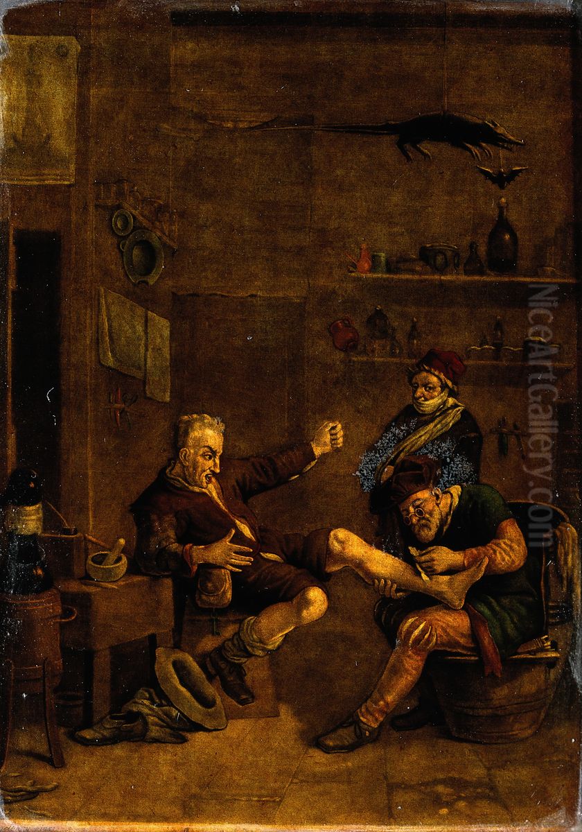 A surgeon treating a man's foot. Oil Painting by Johannes Lingelbach
