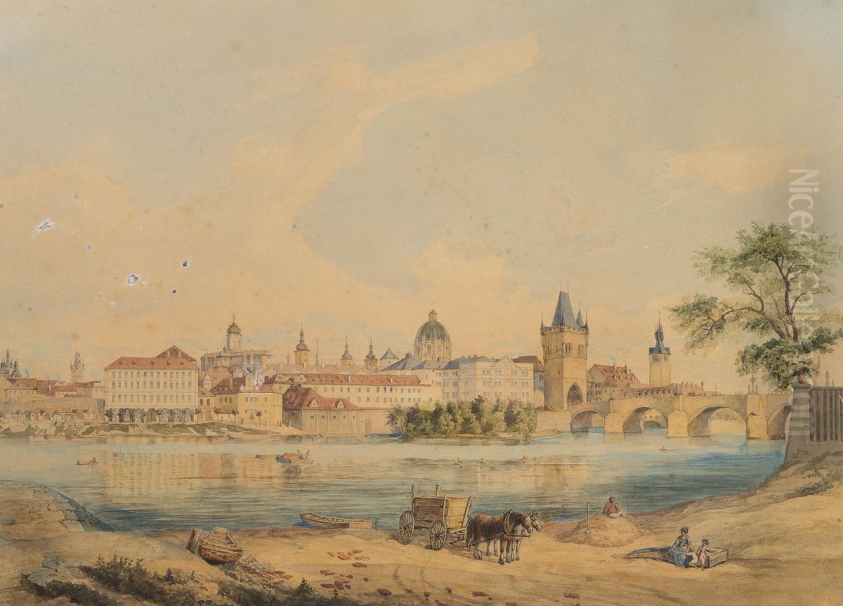 A View of Prague from Lesser Town Shore of the Vltava River Oil Painting by unknown