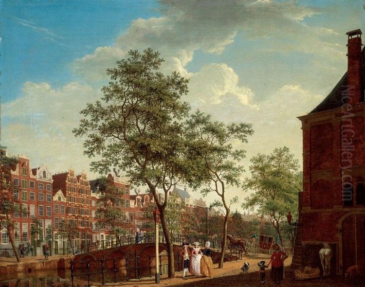 A view on the Keizersgracht from the Westermarkt, with the Westerhal on the right, elegant figures conversing in the foreground, a horse-drawn carriage crossing a bridge, Amsterdam Oil Painting by Isaac Ouwater