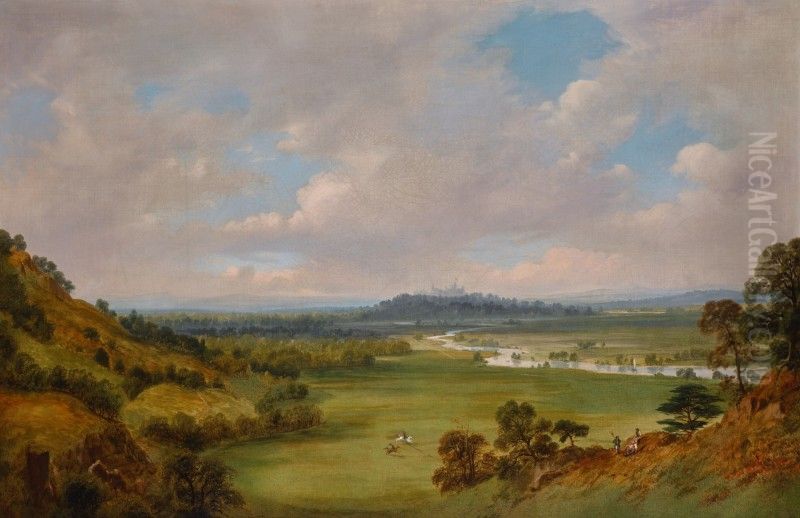 A view of Windsor Castle from the southwest, with Cooper Hill to the left and the plain of Runnymede in the middle Oil Painting by William Daniell RA