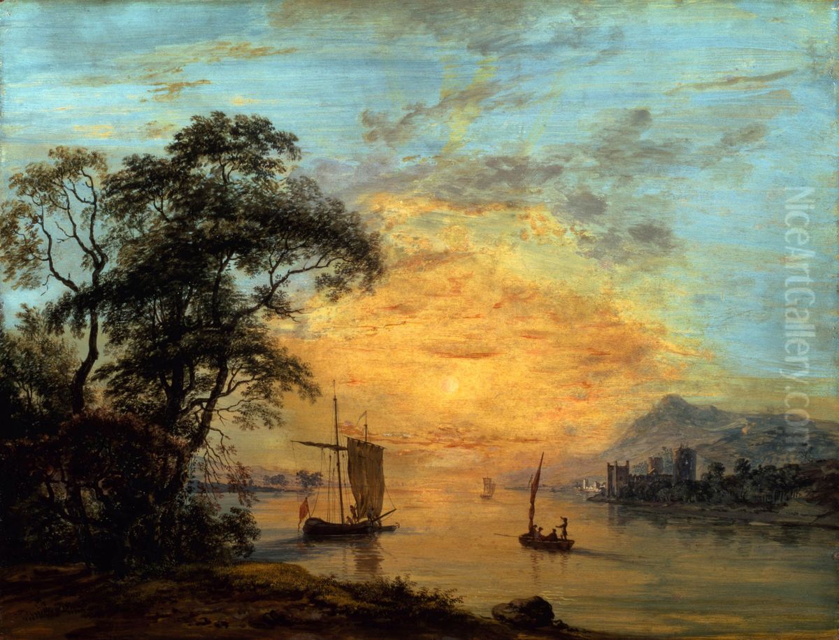 A Welsh Sunset River Landscape. Oil Painting by Paul Sandby