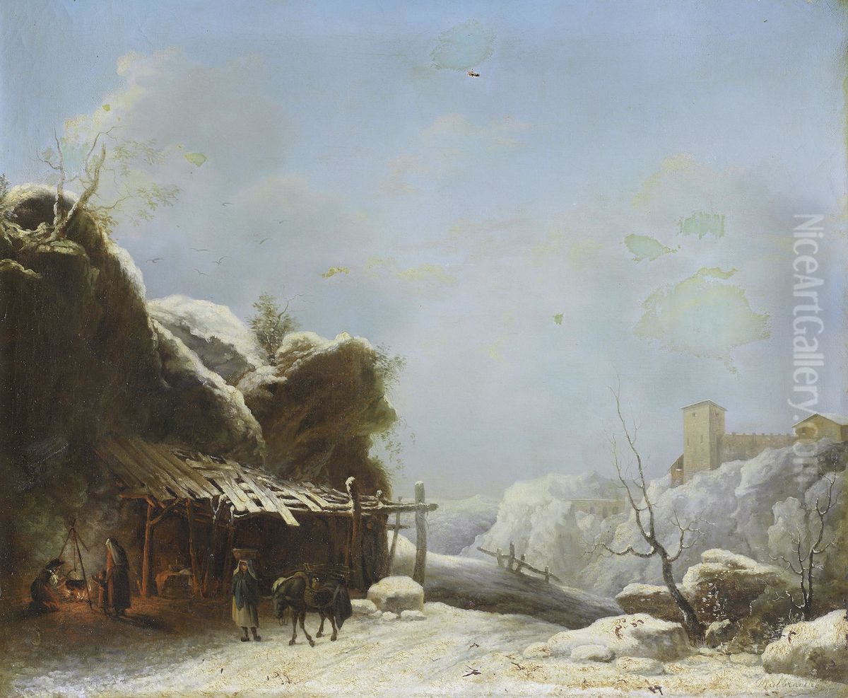 A winter landscape with a woman and her donkey on a path, a hilltop town beyond Oil Painting by Louis-Claude Malbranche