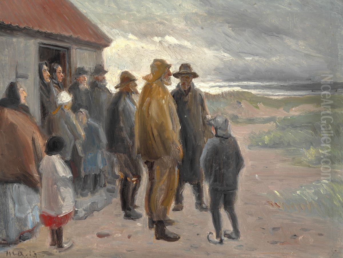 Uden for fiskerhuset. Uroligt vejr, Skagen. Oil Painting by Michael Peter Ancher