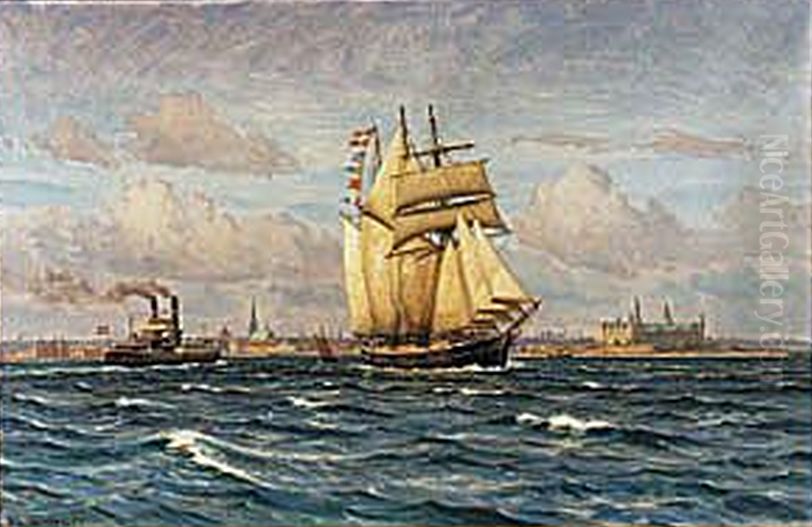 Marine med skibe uden for Helsingor. Oil Painting by Vilhelm Arnesen