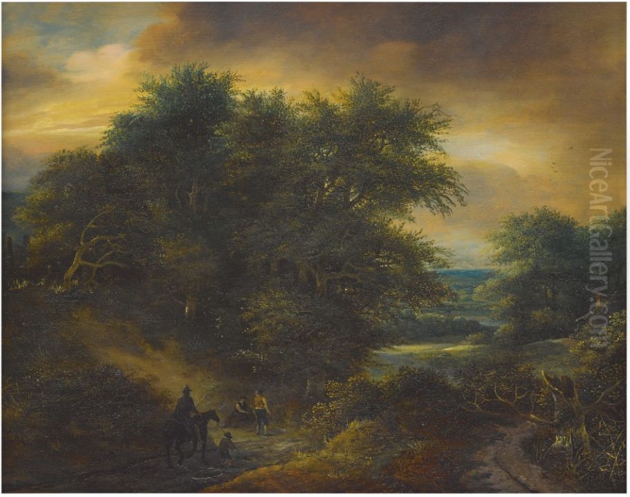 A WOODED LANDSCAPE WITH TRAVELERS ON A PATH Oil Painting by unknown