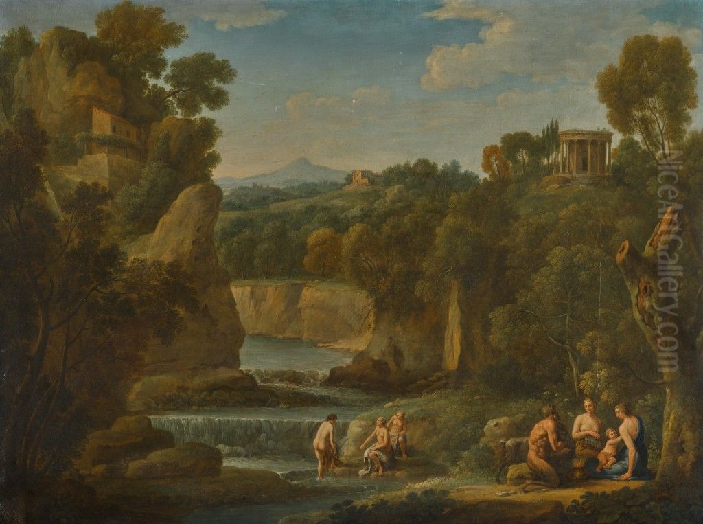 A wooded arcadian landscape with a satyr and nymphs, with a distant view to the Temple of Vesta at Tivoli Oil Painting by Hendrik Frans van Lint (Studio Lo)