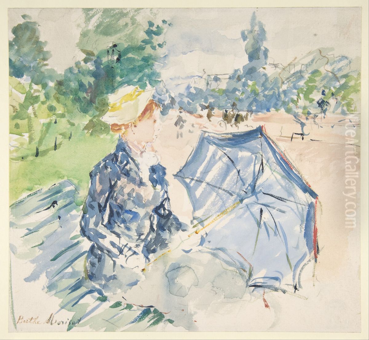 A Woman Seated at a Bench on the Avenue du Bois Oil Painting by Berthe Morisot