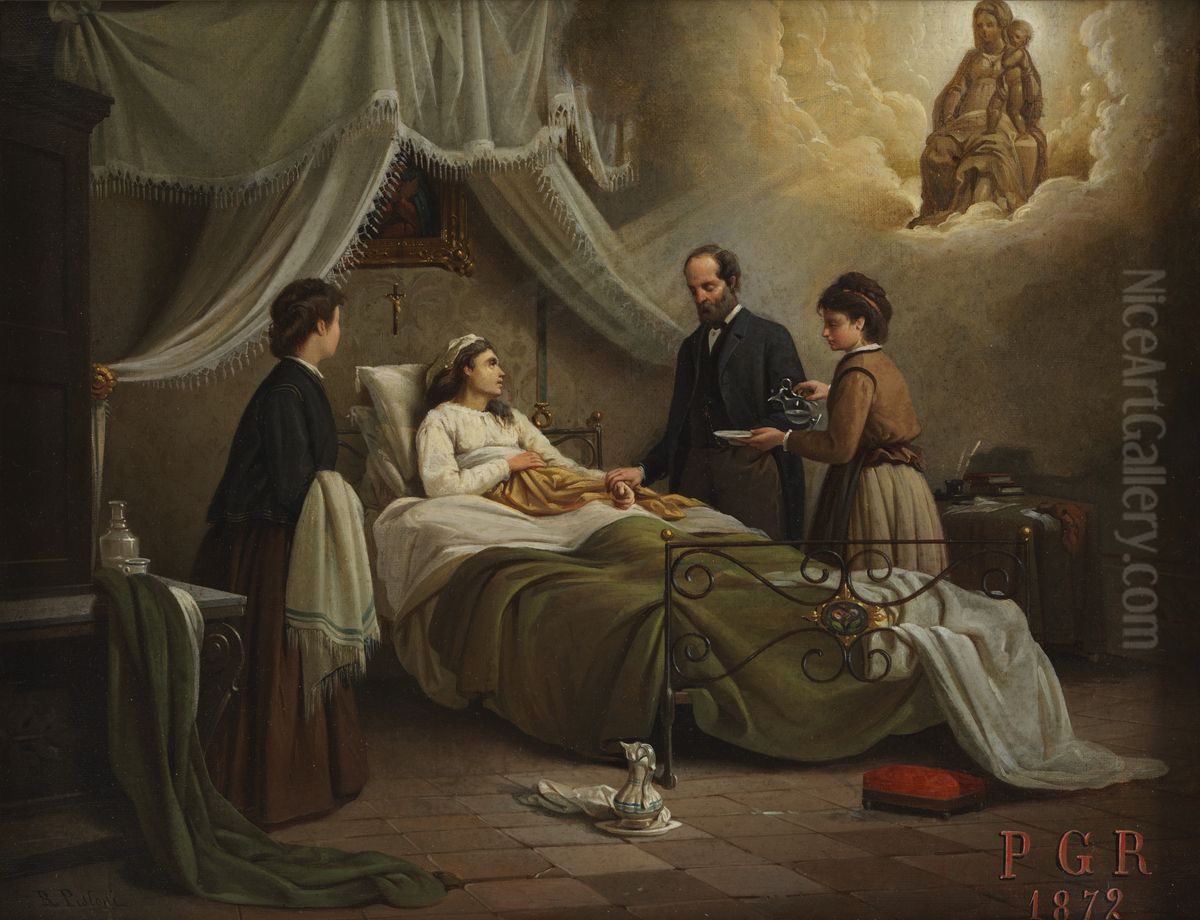 A woman in bed in a sick-room, attended by a physician, receiving the blessing of the Madonna del Parto. Oil Painting by unknown