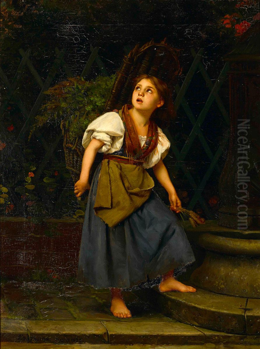 A young girl returning home with cuttings Oil Painting by Vlaho Bukovac