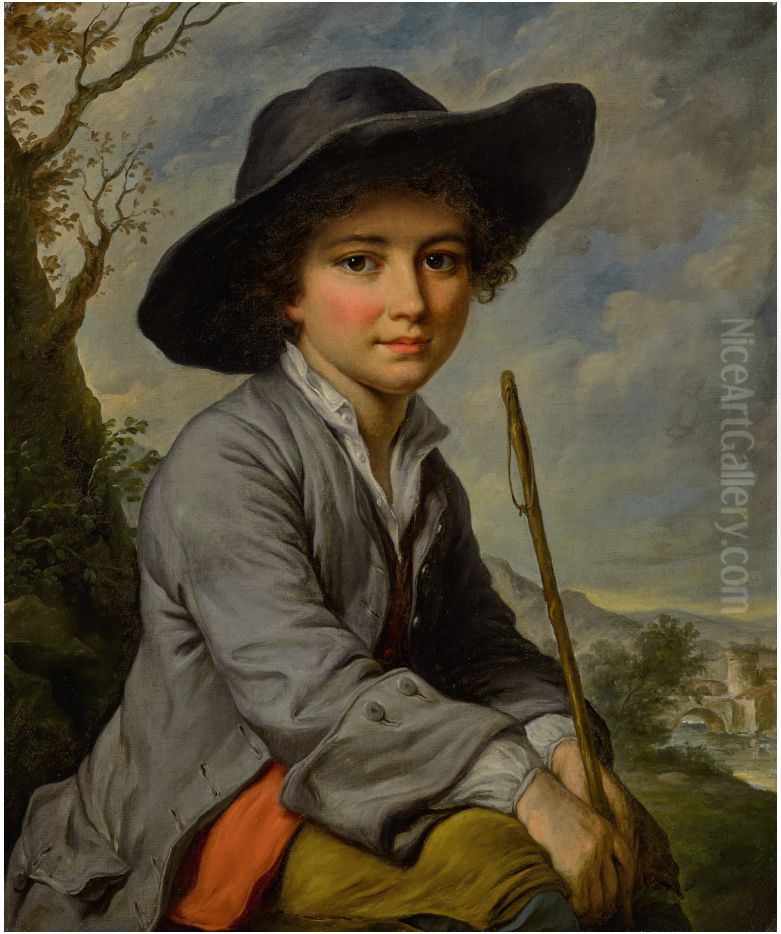 A YOUNG BOY SEATED IN A LANDSCAPE, THREE-QUARTER LENGTH Oil Painting by Catherine Lusurier