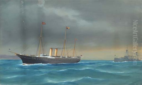 The Royal Yacht Victoria & Albert (III) under escort in the Mediterranean by H.M.S. Cochrane Oil Painting by Antonio de Simone (II)
