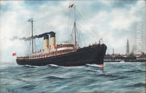 The Steam ShipDresdenin Antwerp Harbour, 1913 Oil Painting by Harry J. Jansen