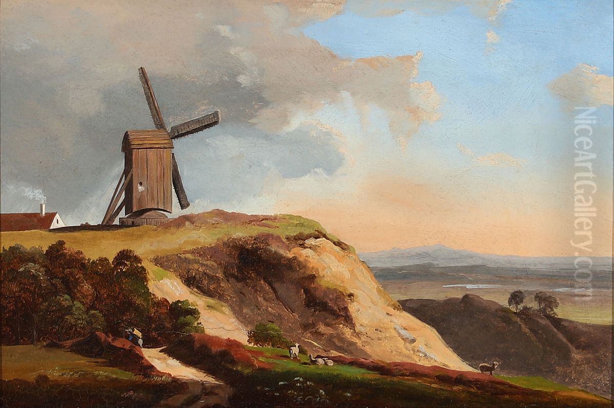 Landskab med en molle Oil Painting by Anton Eduard Kieldrup