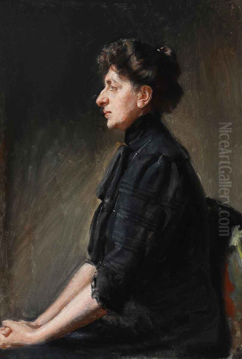 The singer Elisabeth Dons, seated, dressed in black. Oil Painting by Michael Peter Ancher