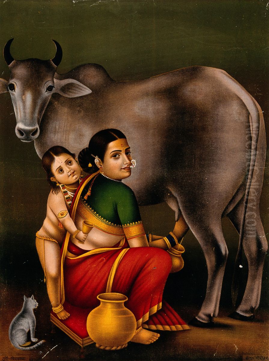 A woman milking a cow with a child, possibly Krishna begging for milk, while a seated cat observes. Oil Painting by unknown