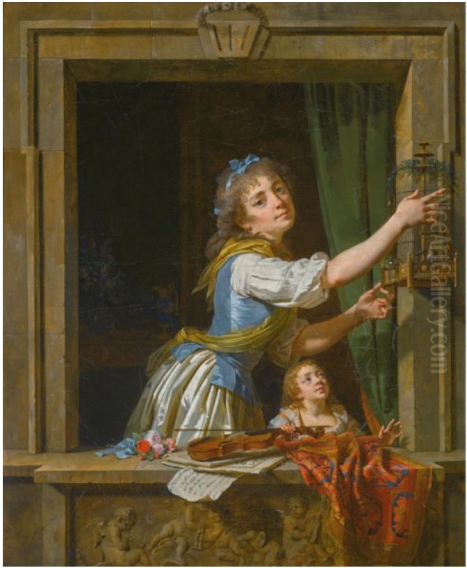 A young woman setting a bird free from a cage at an open window Oil Painting by Martin Drolling