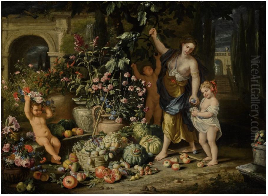 A YOUNG WOMAN PICKING FIGS WITH THREE CHILDREN IN A TERRACED GARDEN, WITH URNS OF CARNATIONS, MORNING GLORY, AND OTHER FLOWERS, AND BASKET OF GRAPES AND OTHER FRUITS NEARBY Oil Painting by Abraham Brueghel