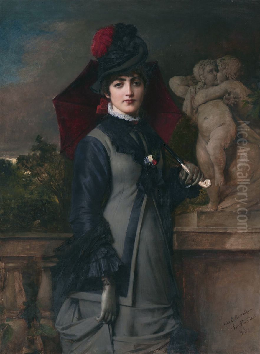 A young woman with a parasol Oil Painting by Toby Edward Rosenthal