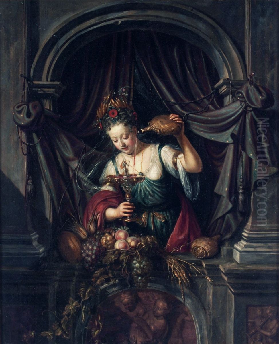 A young woman in a window serves wine Oil Painting by Matthijs Naiveu