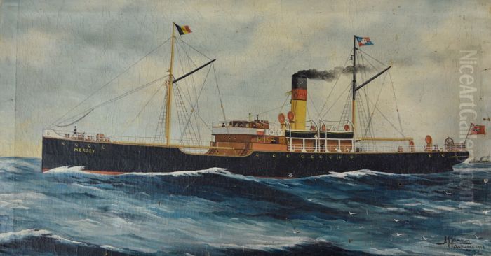 The tramp steamship Mersey in fair winds Oil Painting by Harry J. Jansen