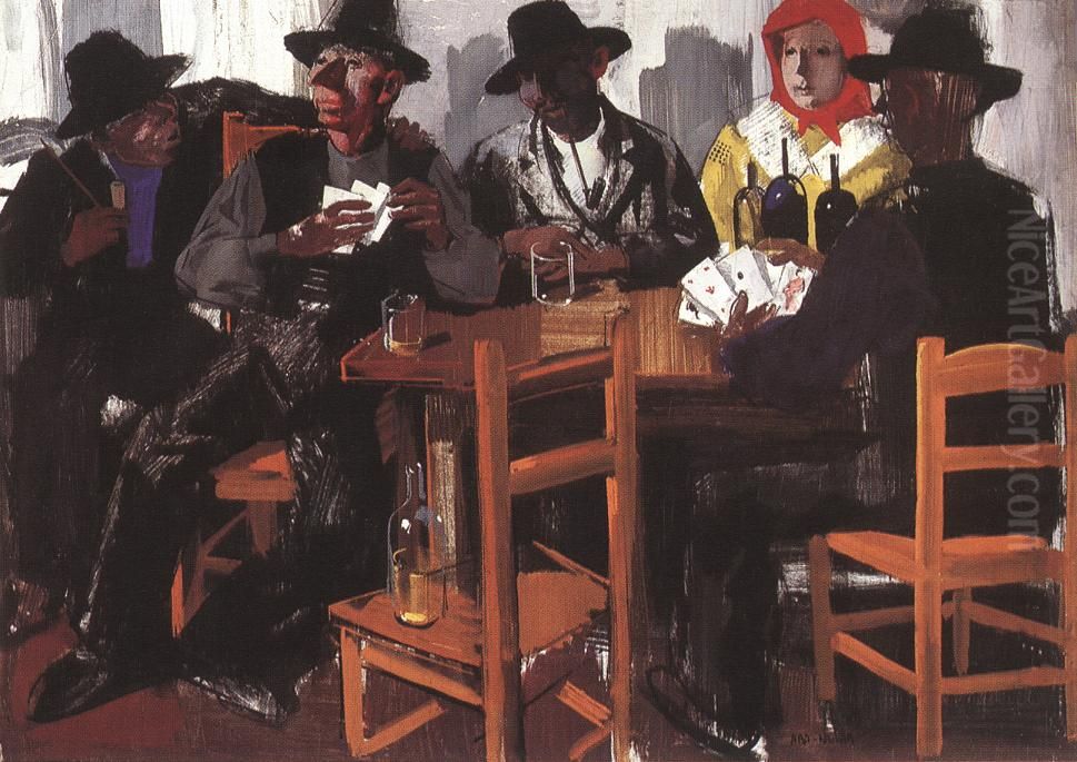 Card Players Oil Painting by Vilmos Aba-Novak