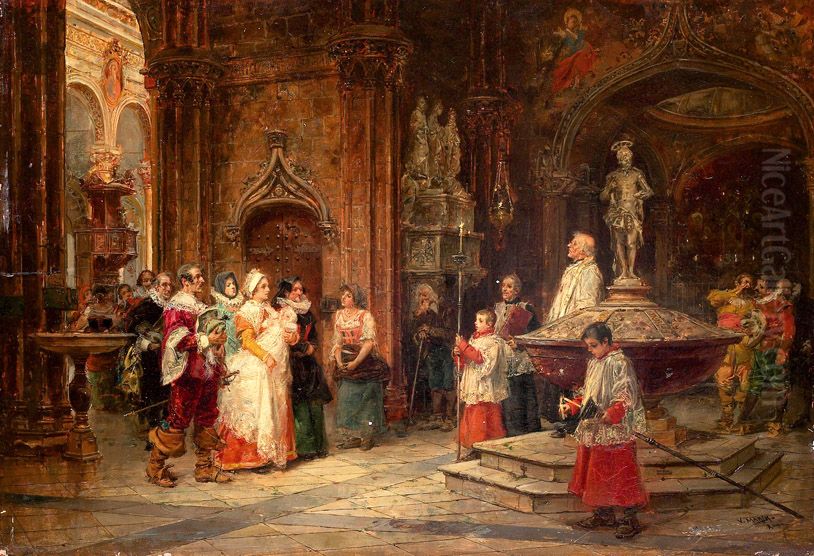 A baptism in Spain Oil Painting by Vicente March