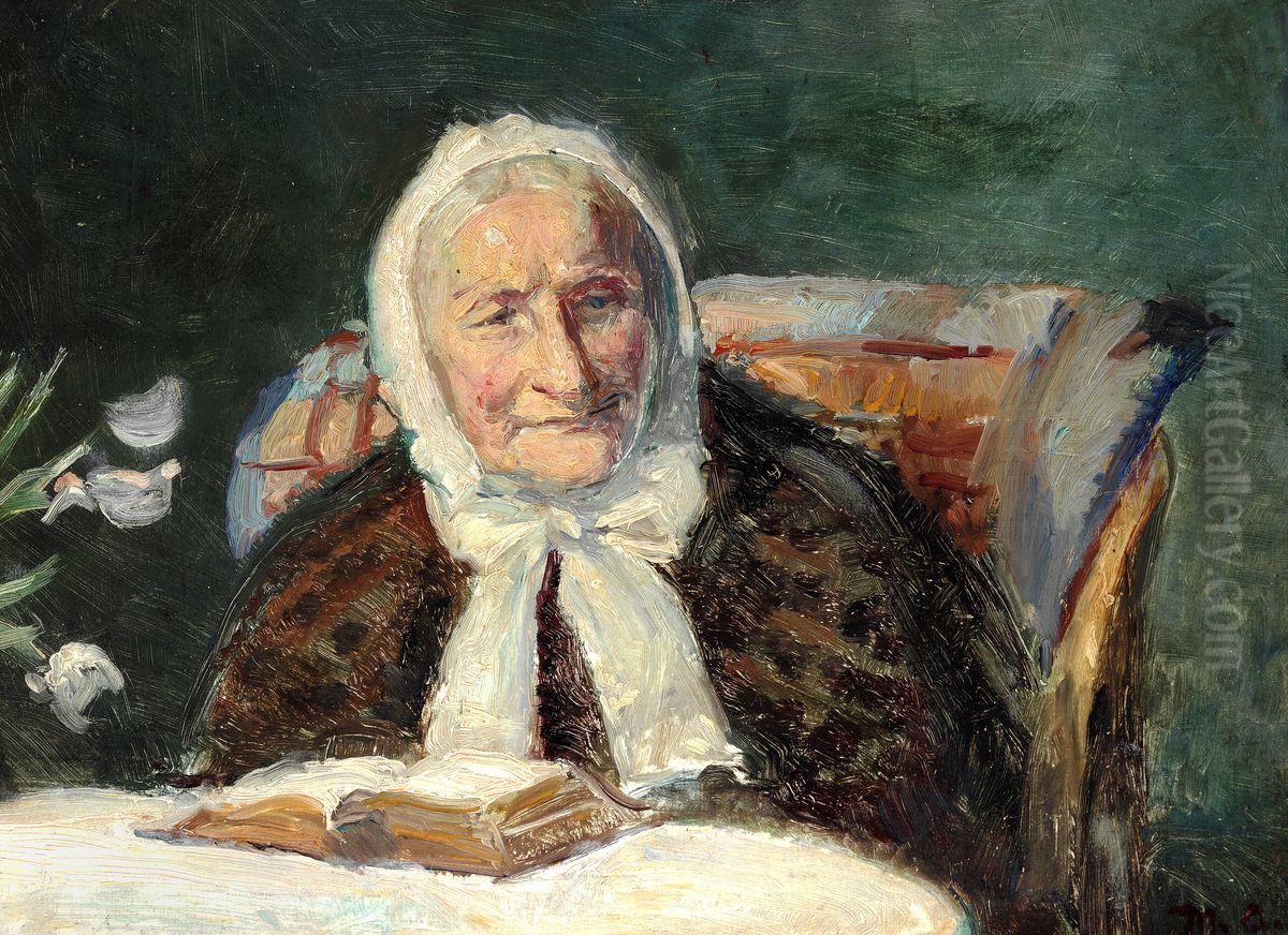 Interior with Ane Brondum, the artist's mother-in-law, reading the Bible. Oil Painting by Michael Peter Ancher
