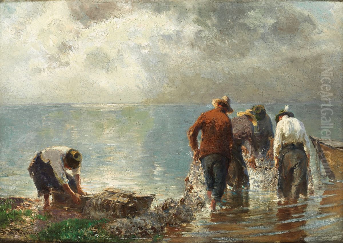 Netze einholende Fischer am Chiemsee Oil Painting by Josef Wopfner