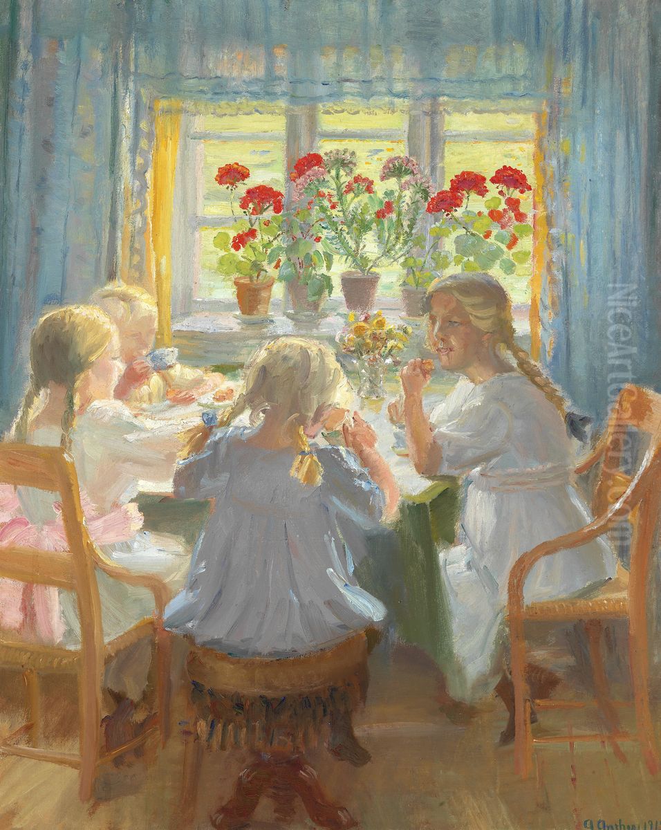 Smapiger til teselskab i Nordstuen i Anchers hus pa Markvej, Skagen. Oil Painting by Anna Ancher