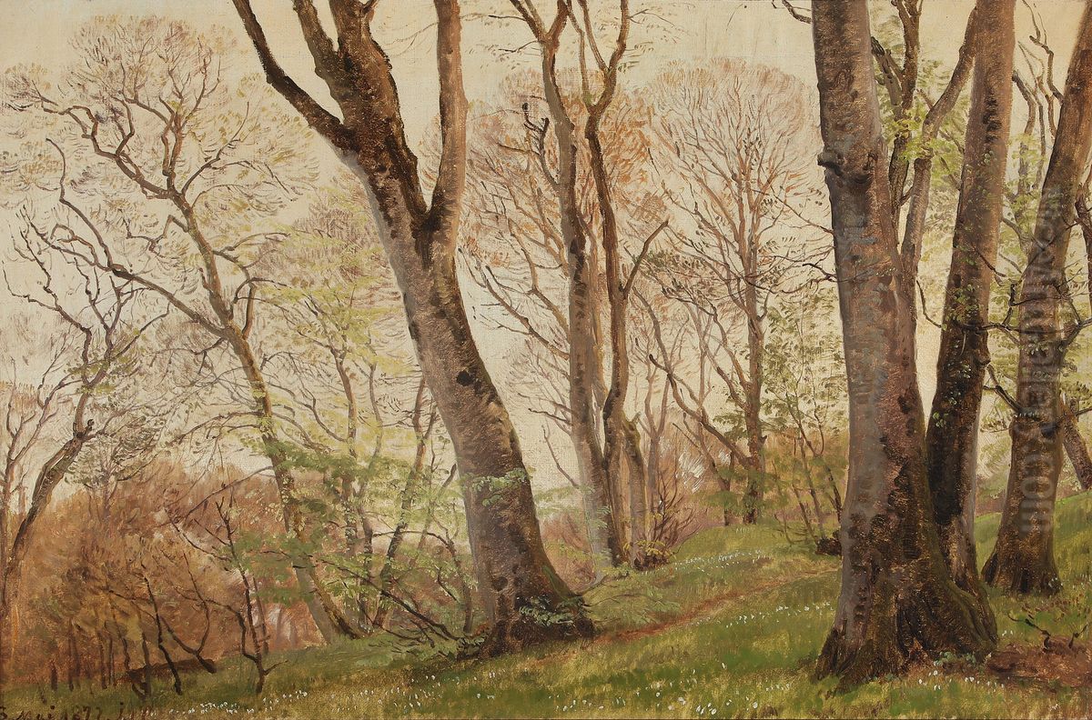 Fra en skovlysning en forarsdag. Oil Painting by Janus Andreas Bartholin La Cour