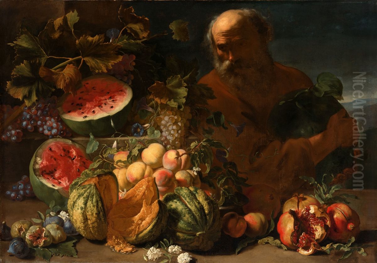 Still life of fruit with a man Oil Painting by Abraham Brueghel