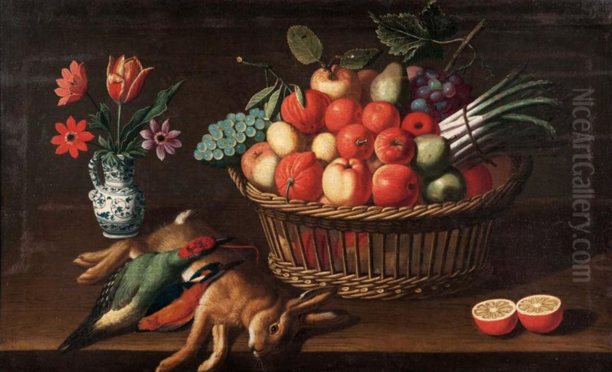 Still life with fruit basket and a dead hare on a ledge Oil Painting by Abraham Gibbens
