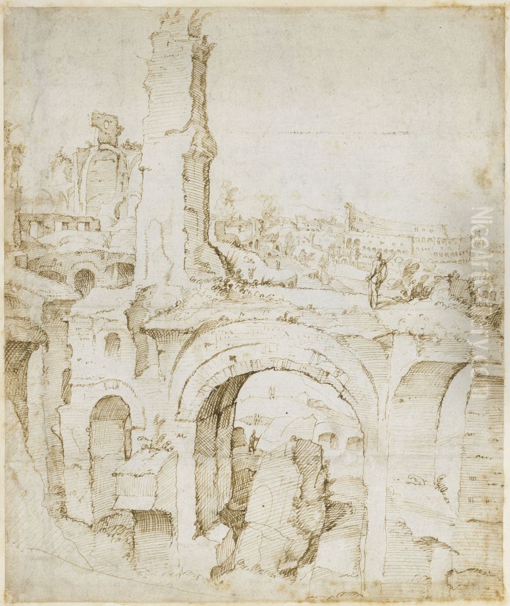 View from Domus Severiana to the Colosseum Oil Painting by Maarten Van Heemskerck