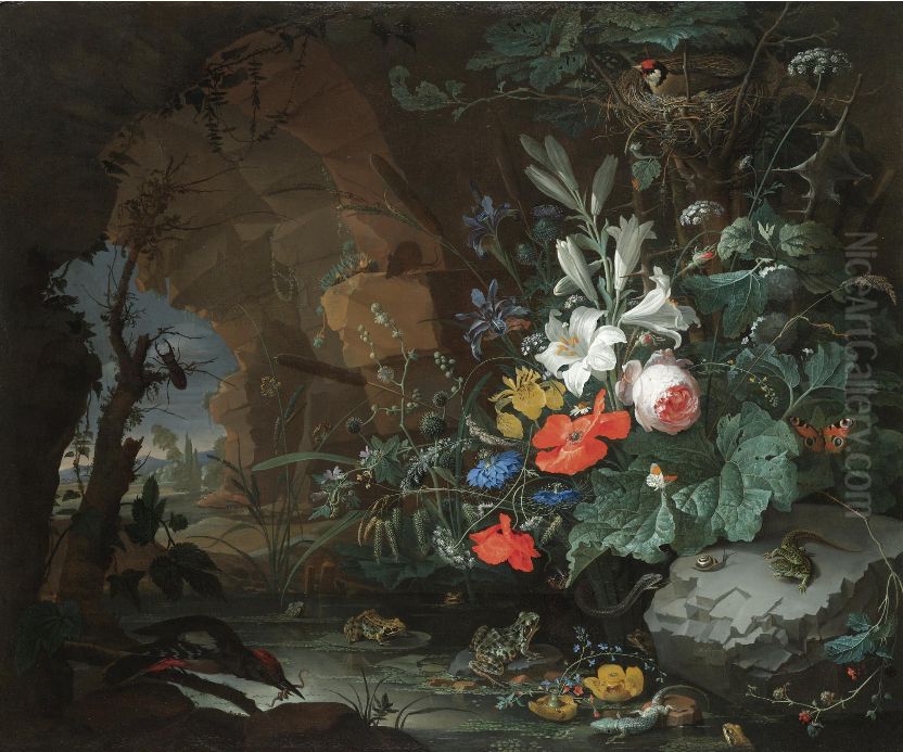 Interior of a grotto with a rock-pool, frogs, salamanders and a bird's nest Oil Painting by Abraham Mignon