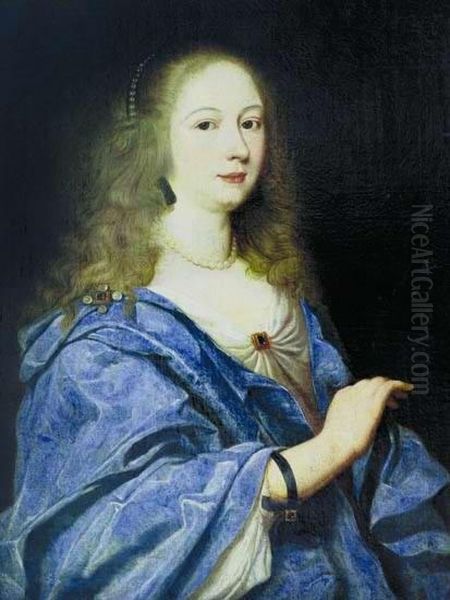 Portrait of a Lady in blue dress. Oil Painting by Abraham Lambertsz van den Tempel