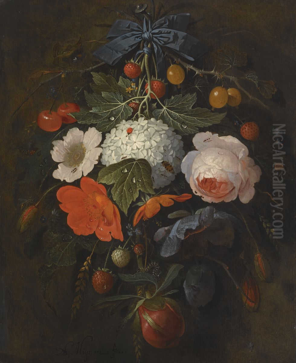 Festoon of flowers and fruit, along with a variety of insects Oil Painting by Abraham Mignon