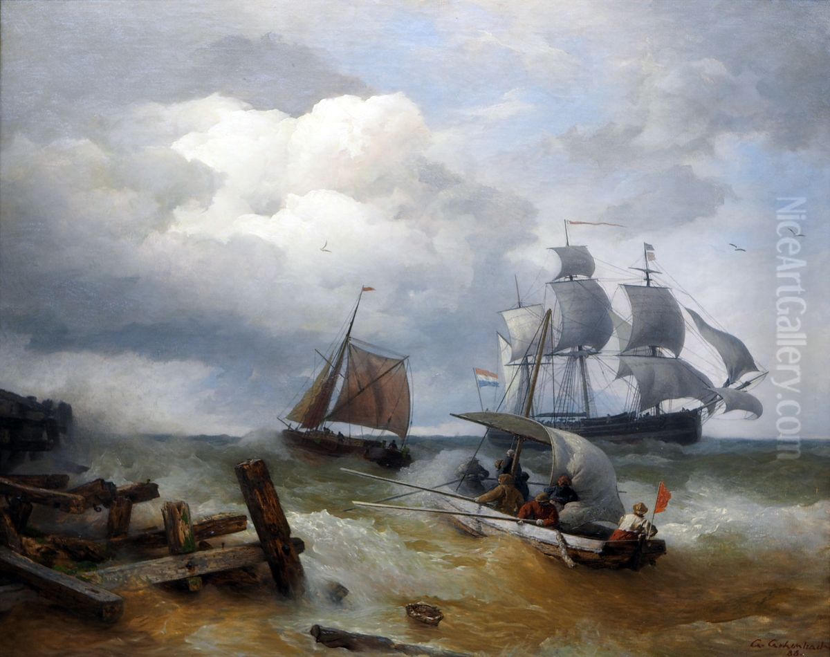 Boote auf sturmischer See Oil Painting by Andreas Achenbach