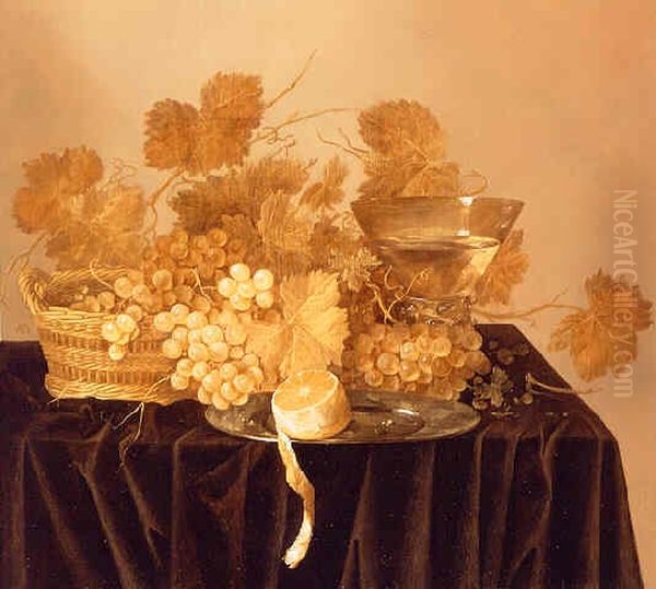 Still Life with basket of grapes, a peeled lemon on a pewter plate, a roemer and grape leaves. Oil Painting by Abraham Susenier