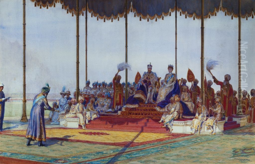 King George V and Queen Mary at the Delhi Durbar Oil Painting by George Percy Jacomb-Hood