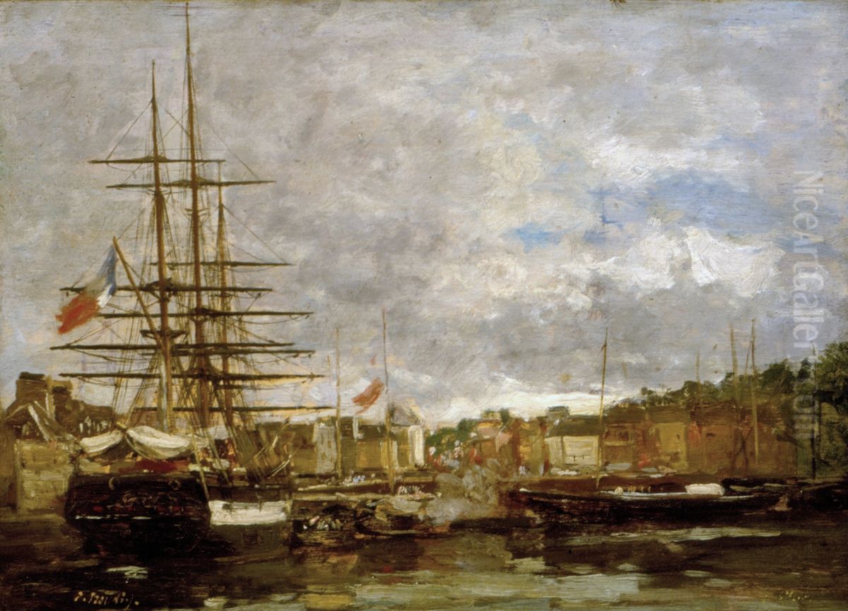 Honfleur - Ships docked in the port Oil Painting by Eugene Louis Boudin