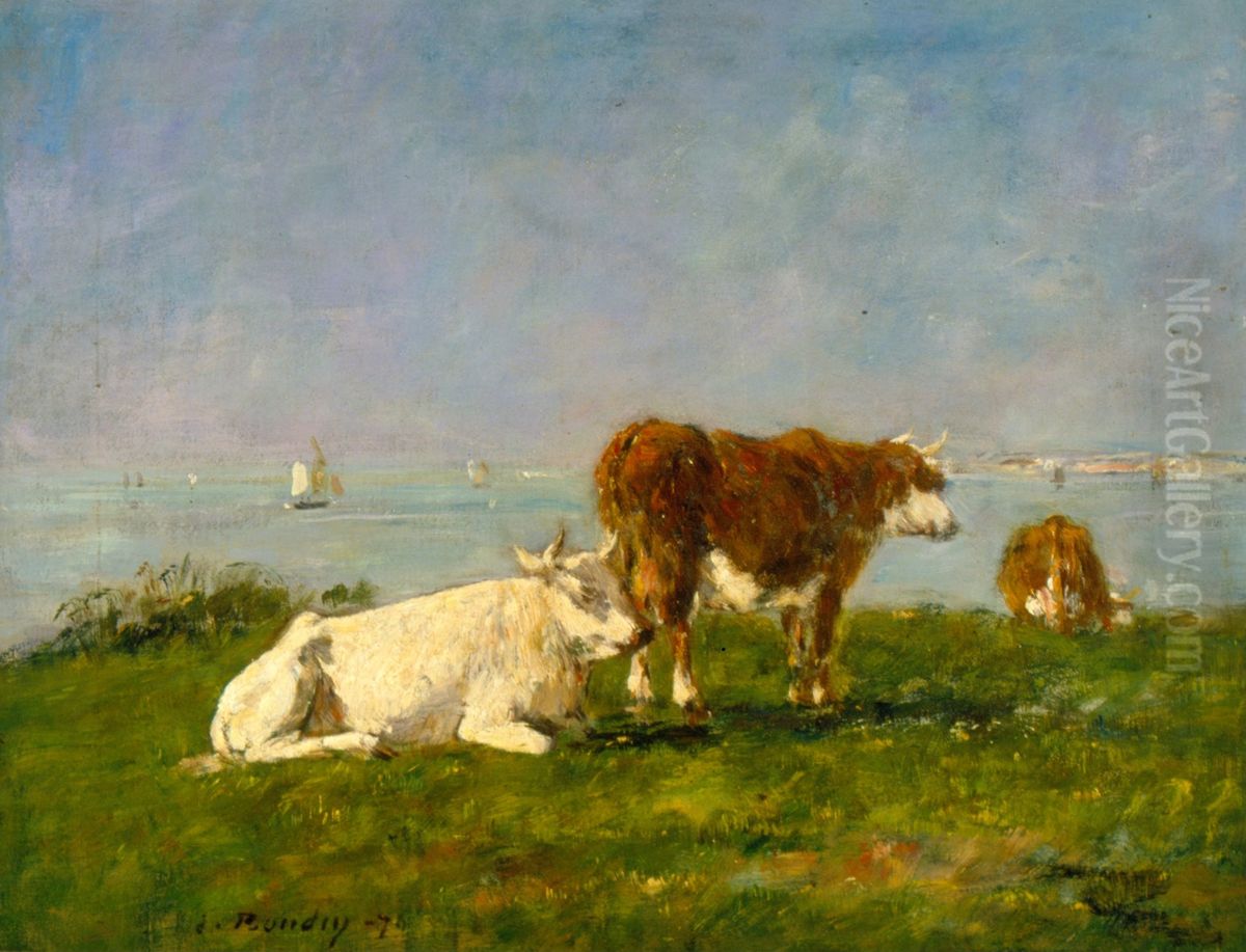 Cows grazing by the sea Oil Painting by Eugene Louis Boudin
