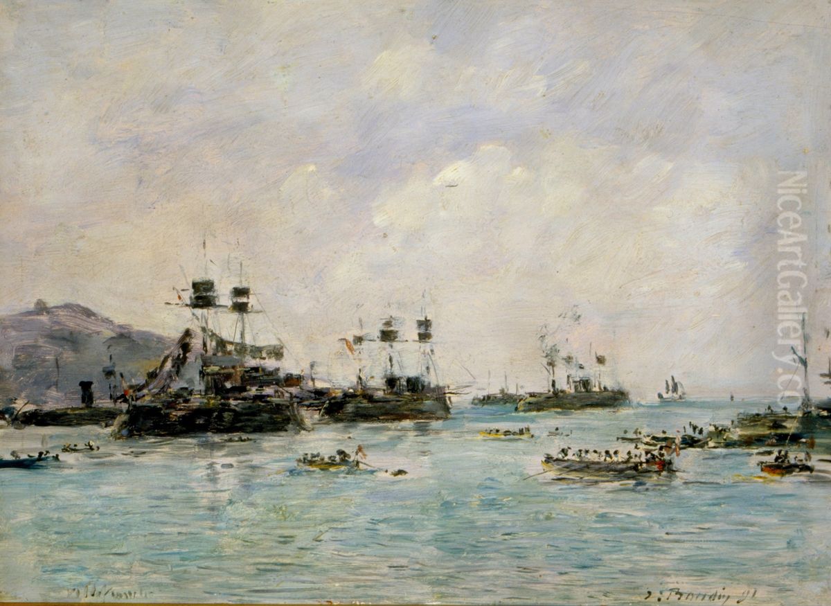 Villefranche - navires de guerre Oil Painting by Eugene Louis Boudin