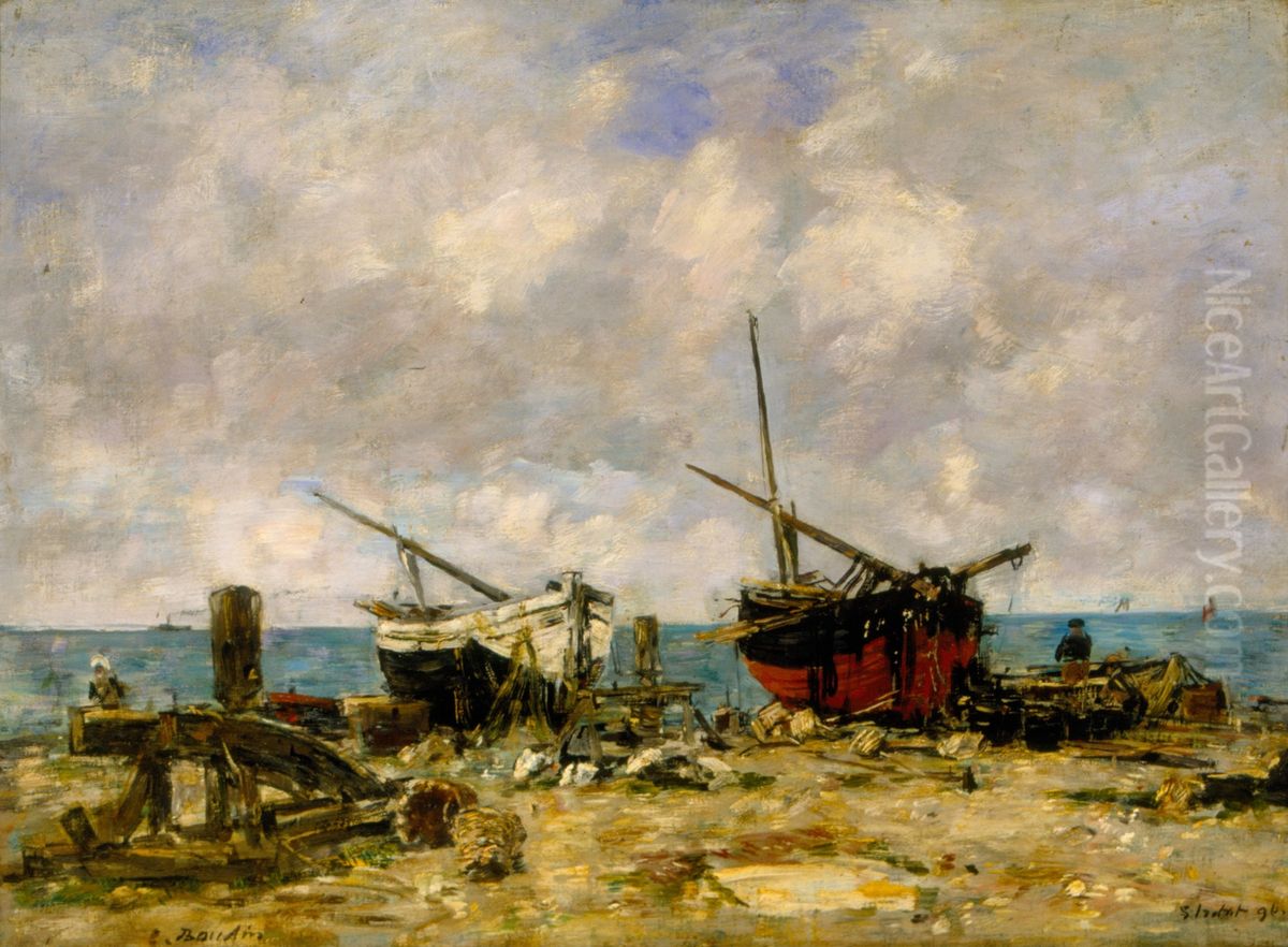 Etretat - Stranded ships Oil Painting by Eugene Louis Boudin